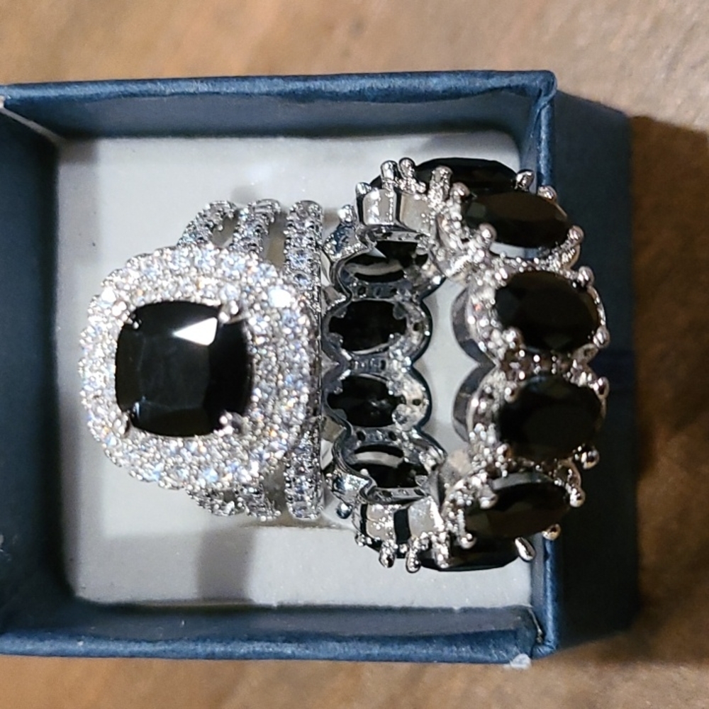 Sterling Silver Fashion Rings. Black Crystal. 2 pcs. Size 8. New.